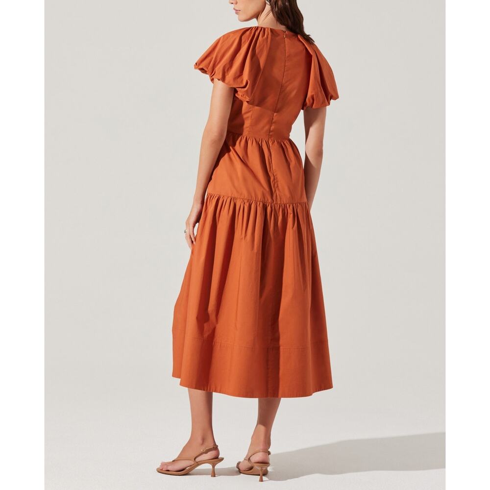 Astr the Label Aine Bow-Tie Puff-Sleeve Cotton Midi Dress Copper Medium - Picture 2 of 5